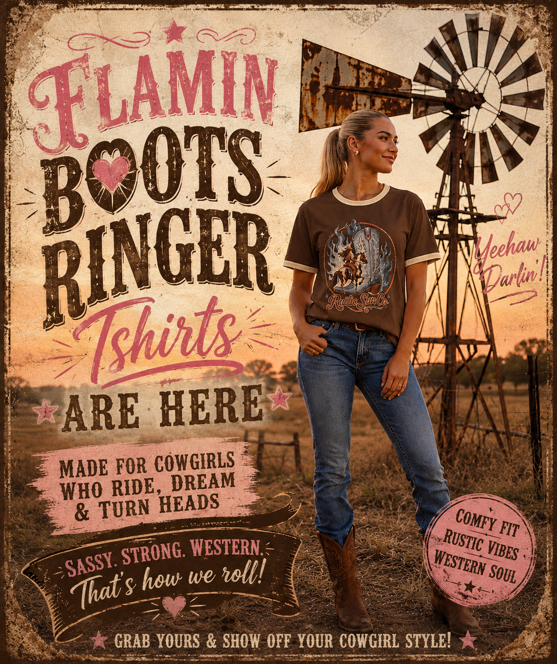 Brown Flamin Boots Ringer Tshirt