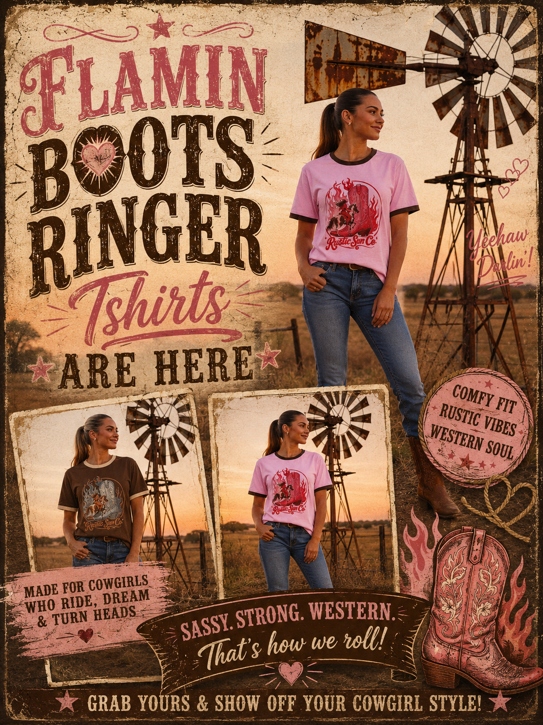 Pink Flamin Boots Ringer Tshirt