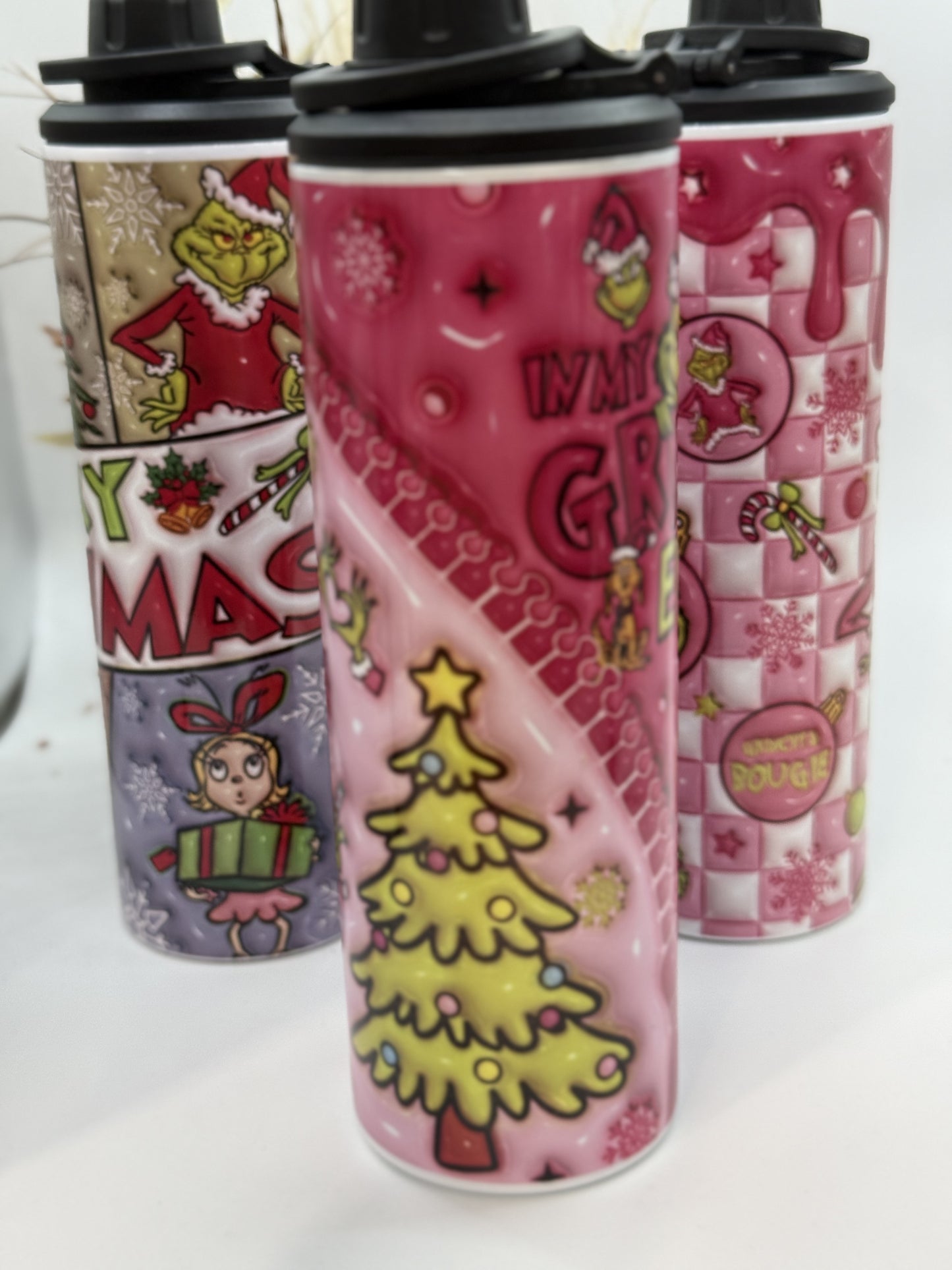 Pink Grinchmas 20oz Double Wall Drink Bottle with 2 lids