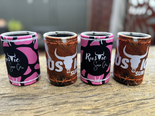 Rustic Hide and Pink Cowgirl Stubby Coolers