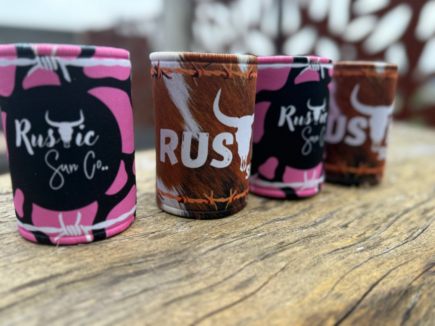 Rustic Hide and Pink Cowgirl Stubby Coolers