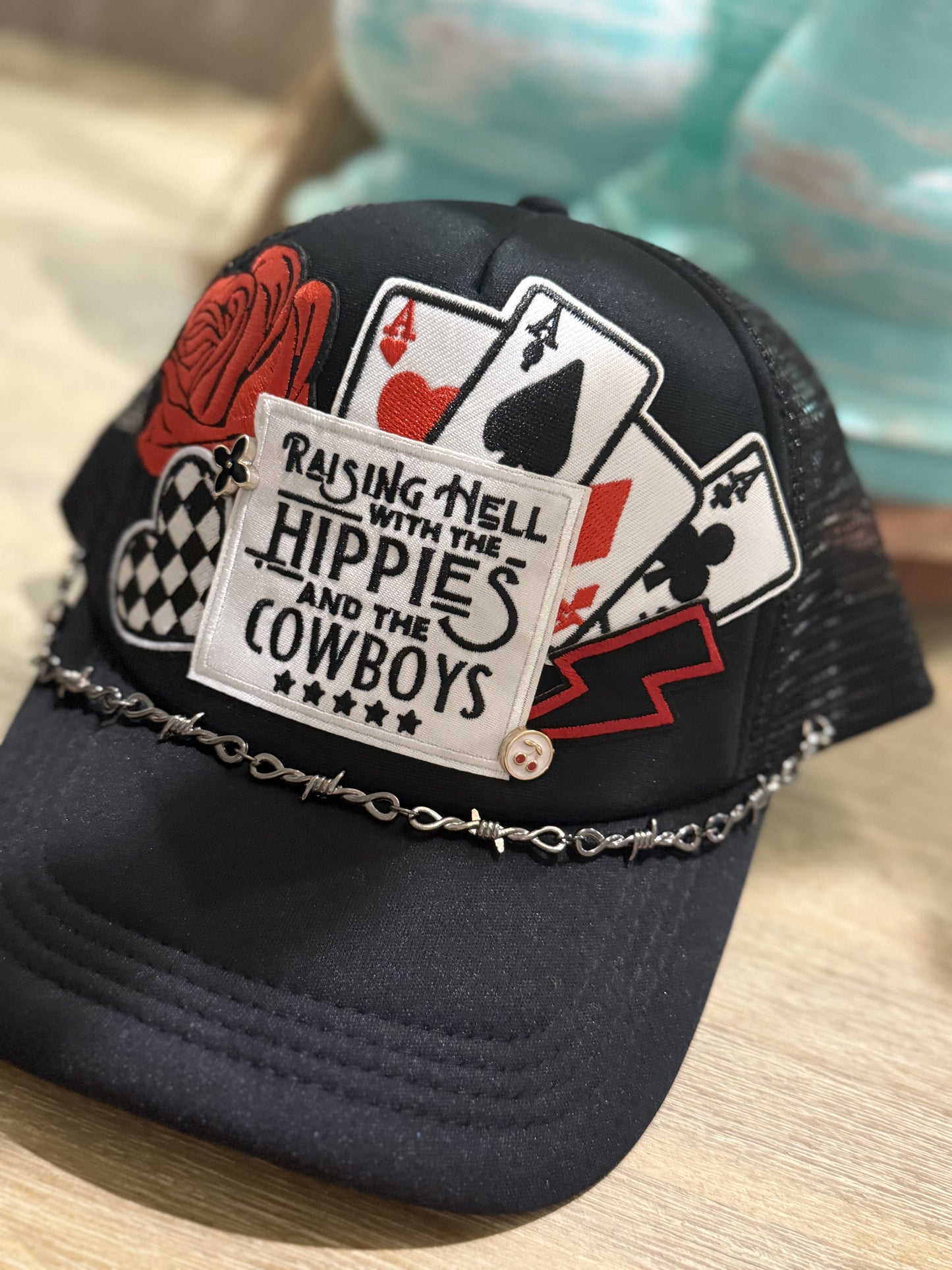 Hippies and Cowboys with chain and pins