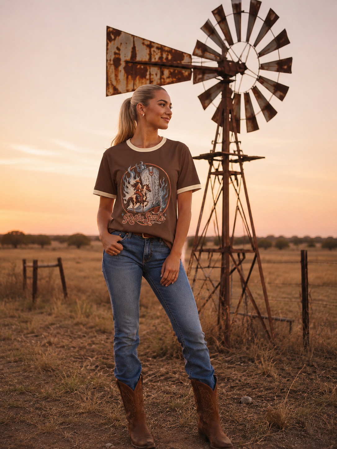 Brown Flamin Boots Ringer Tshirt