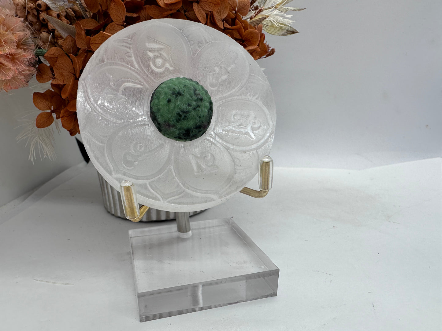 Selenite with Ruby Zoisite Charkra Flower on stand