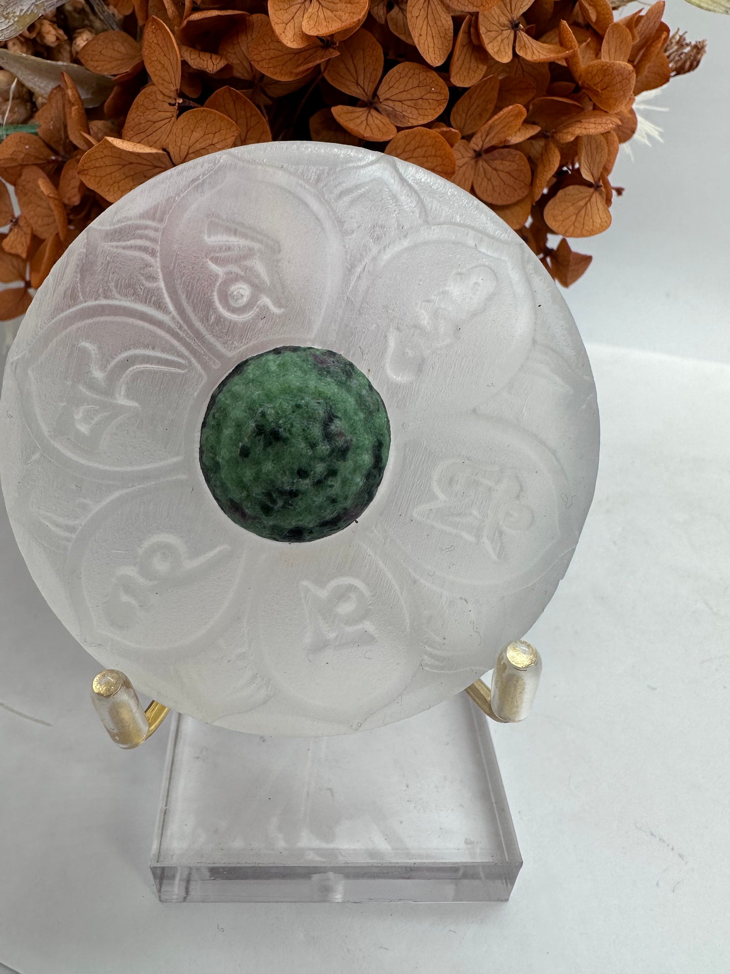 Selenite with Ruby Zoisite Charkra Flower on stand