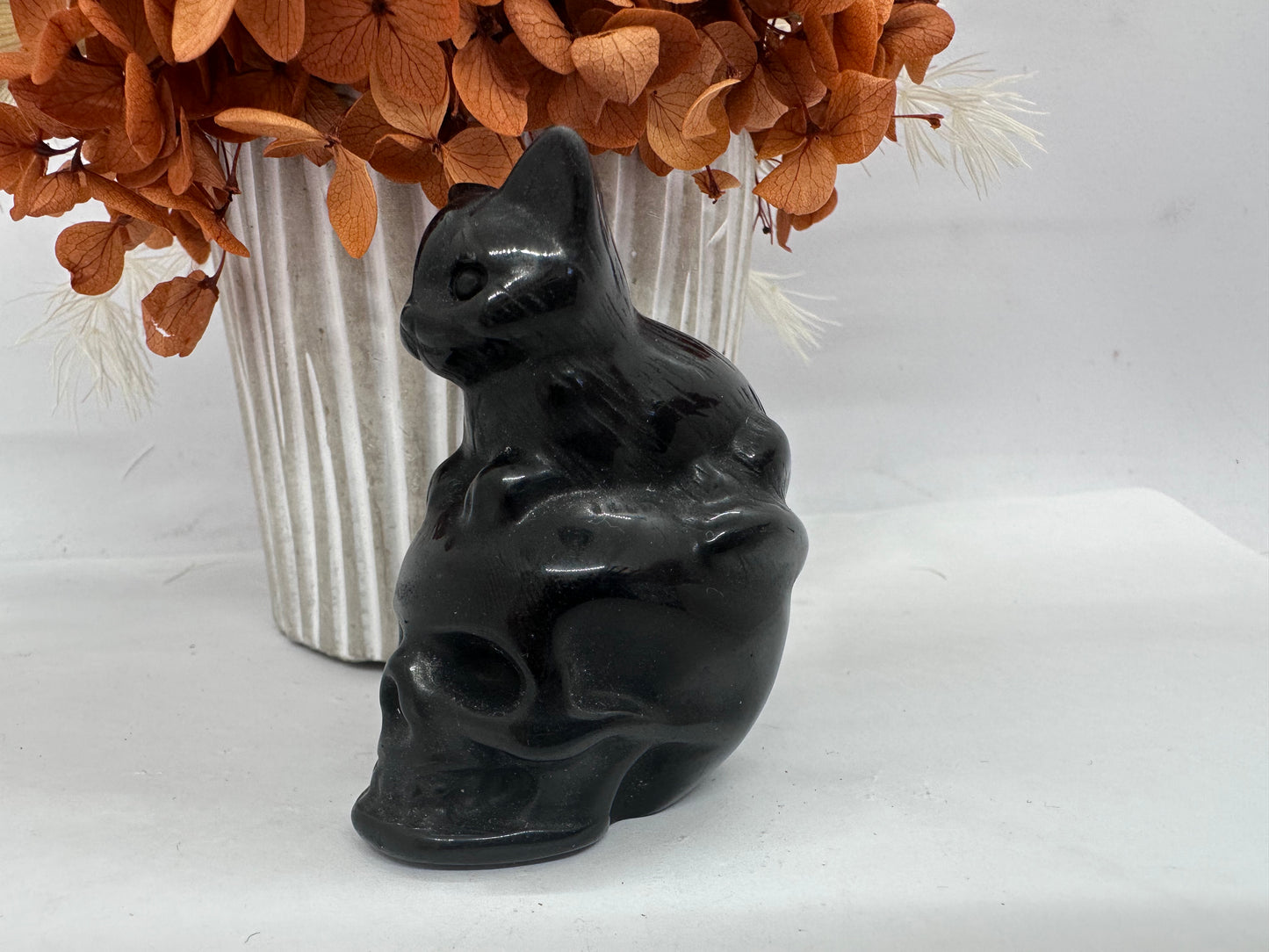 Blk Obsidian  Skull with Cat
