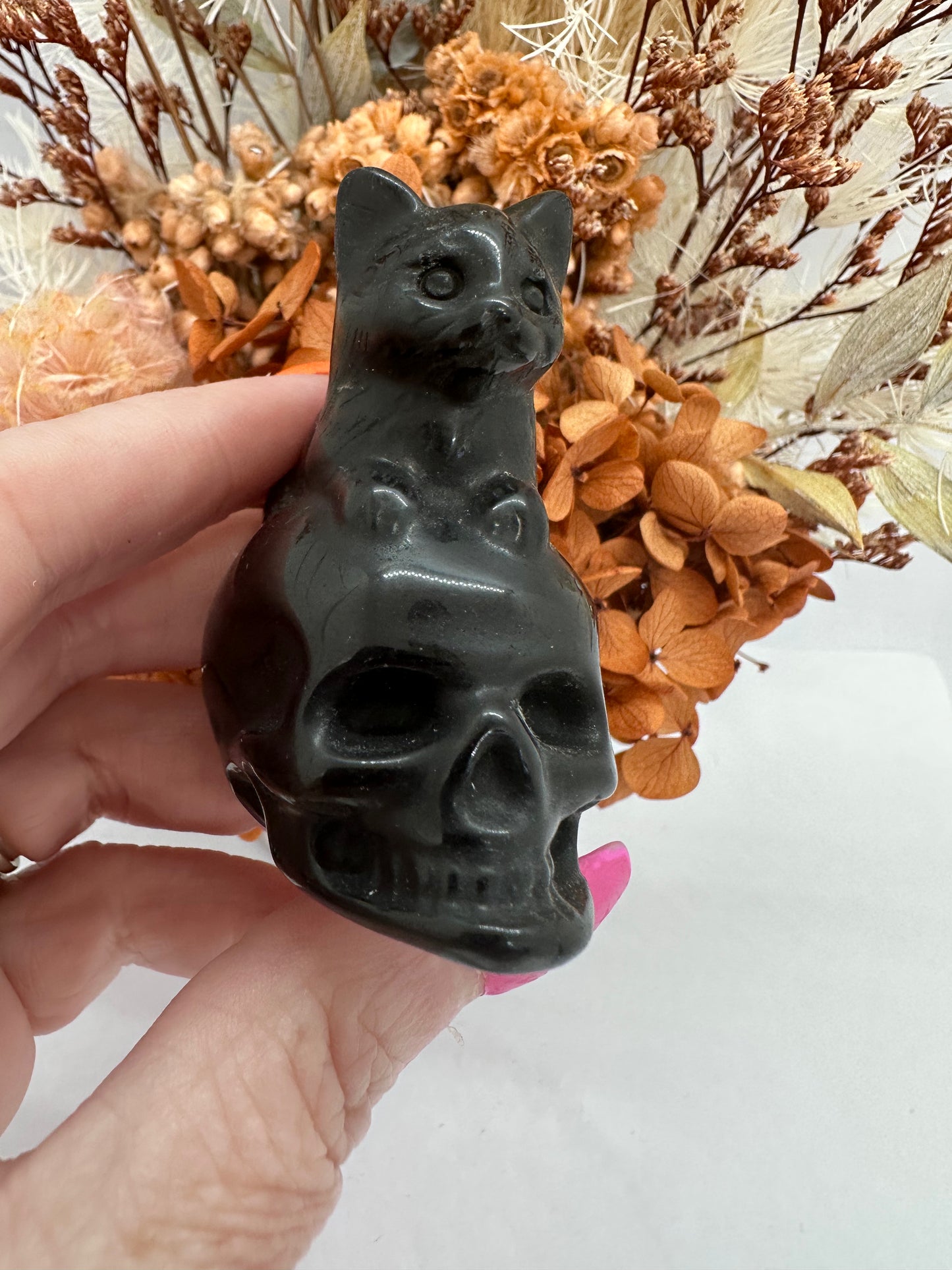 Blk Obsidian  Skull with Cat