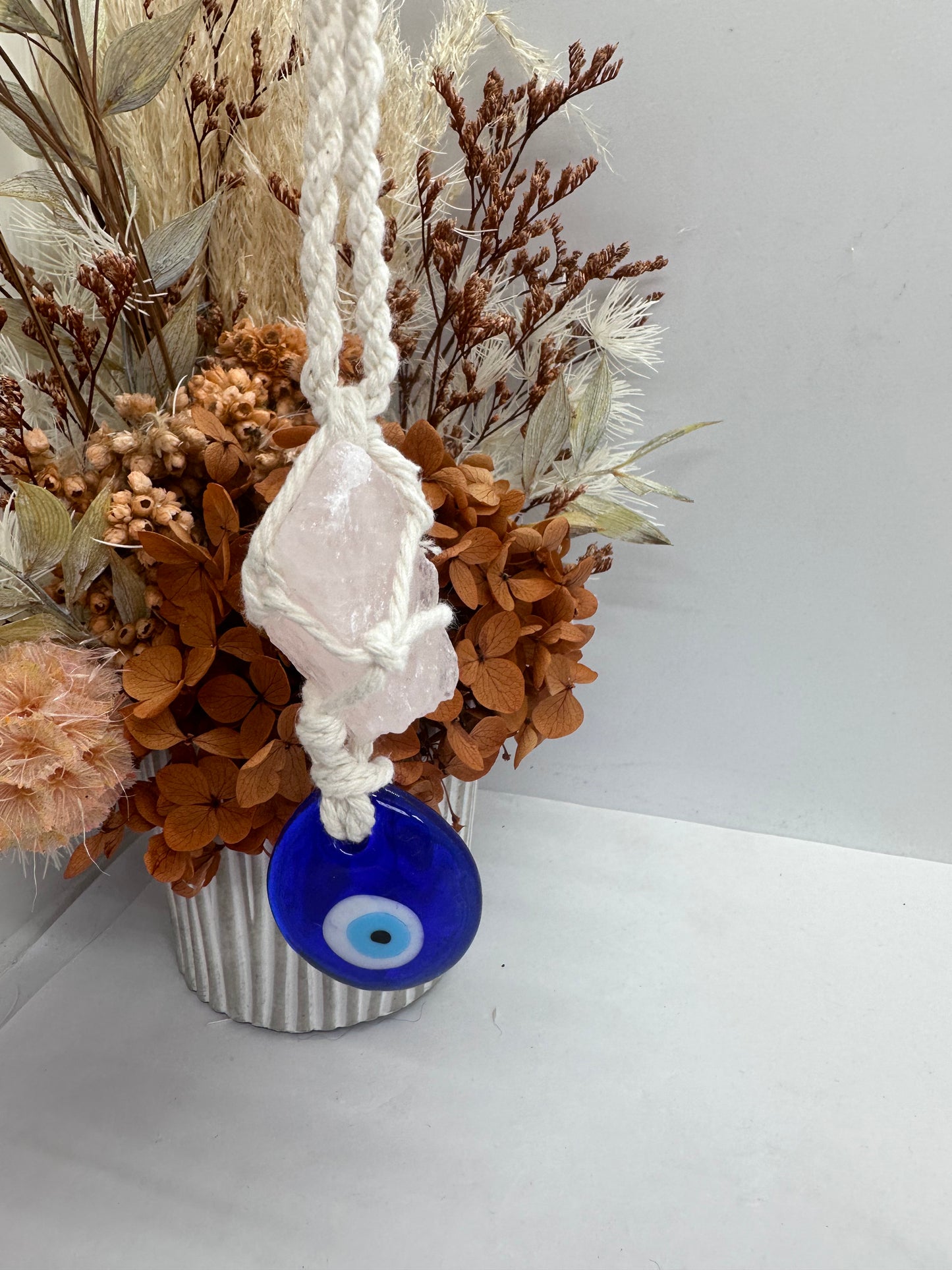 Rose Quartz Evil Eye Glass Hanger