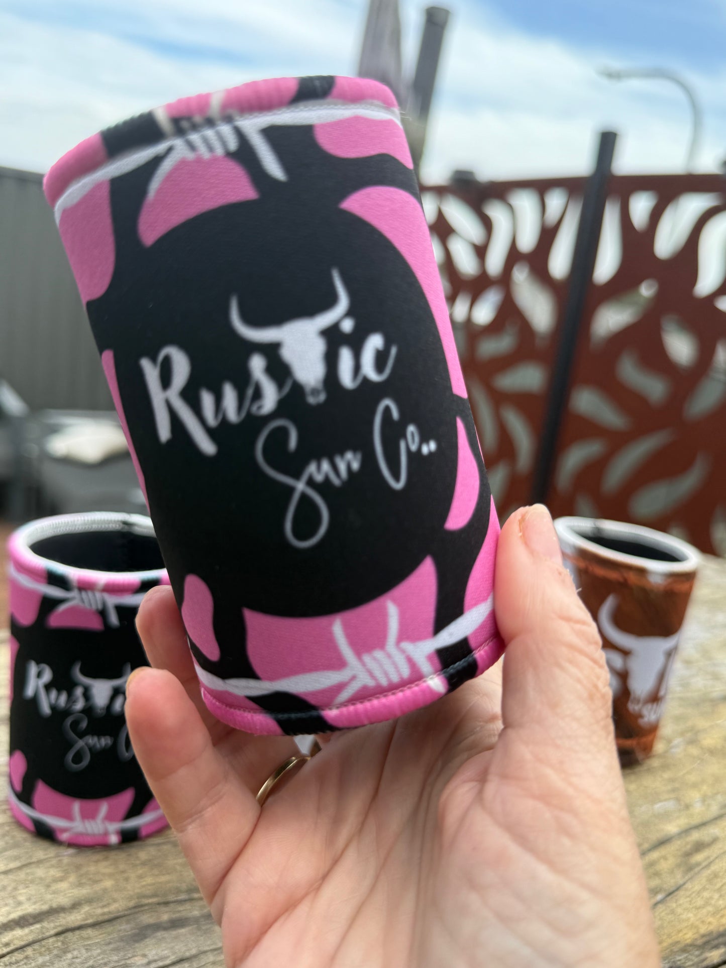 Rustic Hide and Pink Cowgirl Stubby Coolers