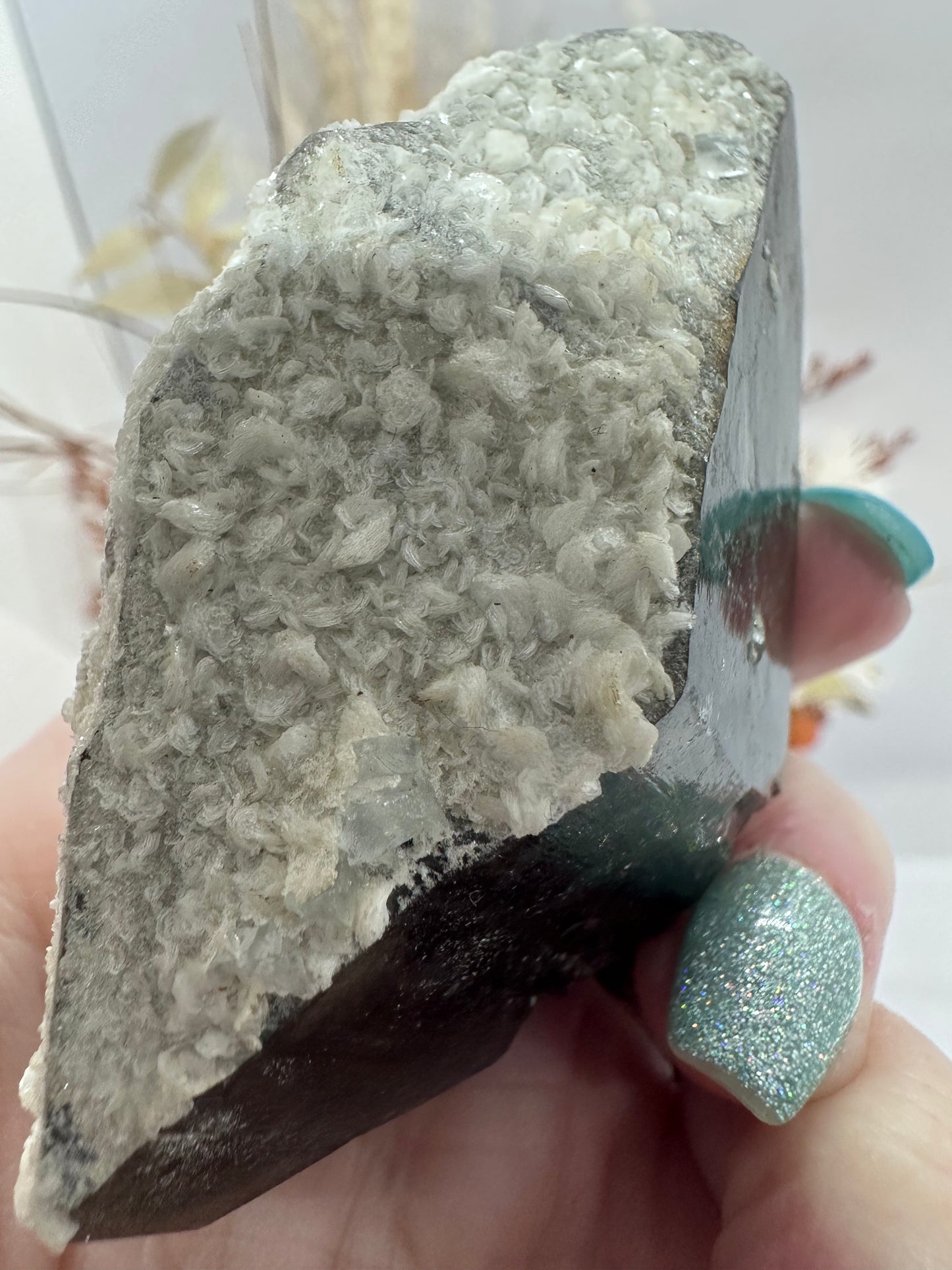 Black Quartz with calcite and blue Fluorite inclusions