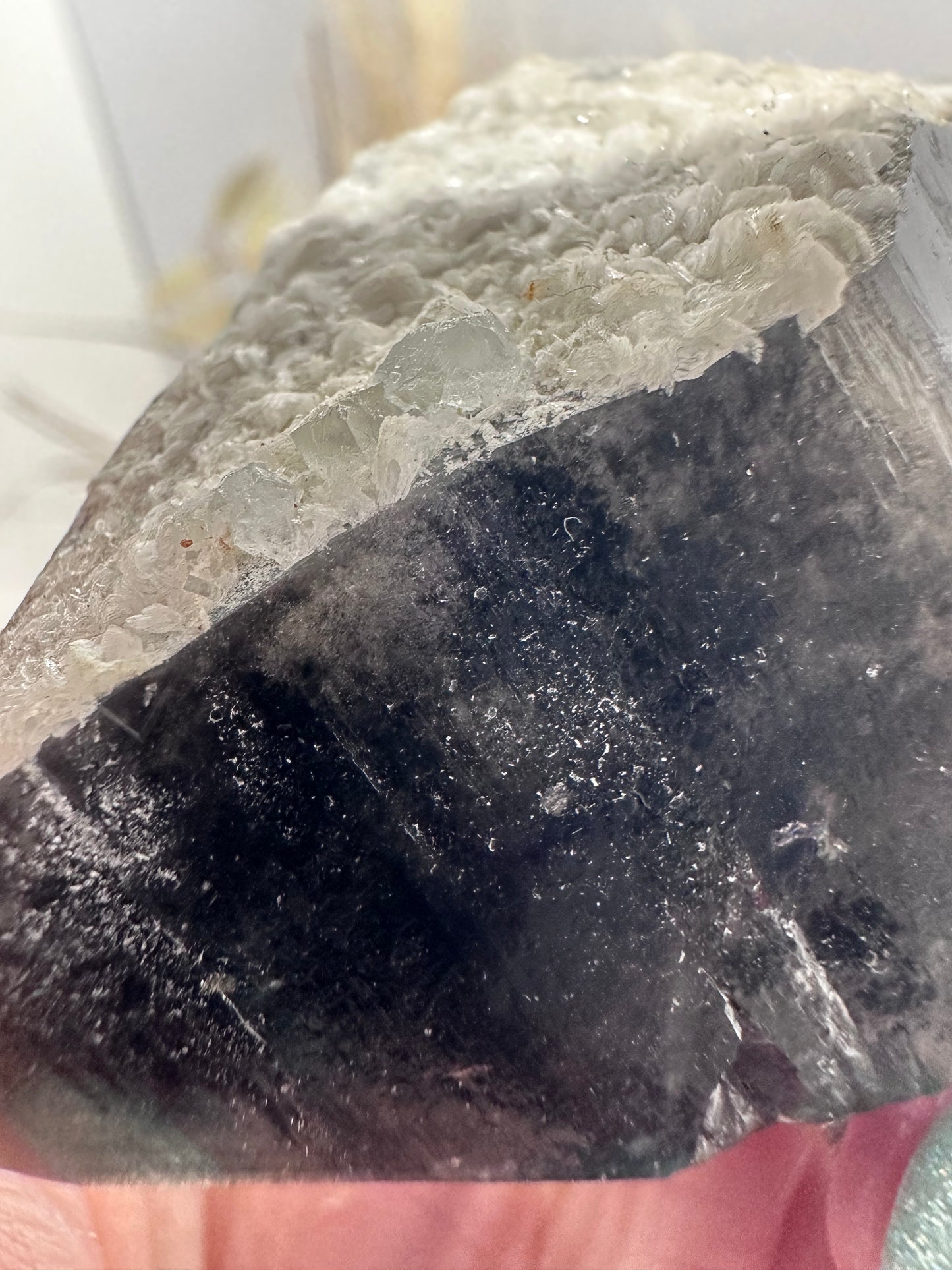 Black Quartz with calcite and blue Fluorite inclusions