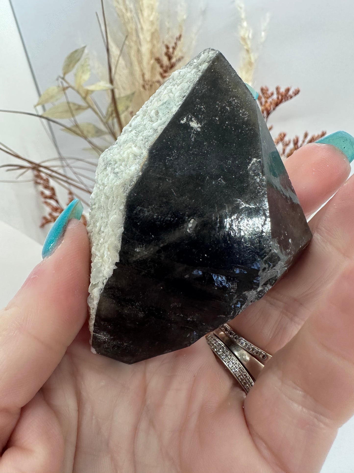 Black Quartz with calcite and blue Fluorite inclusions
